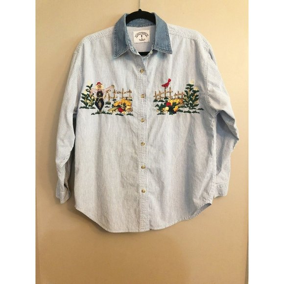 Blouse Tops - VTG Solutions Button Up Blouse Size Medium Pumpkin Patch Embroidery Pit 2 Pit 22